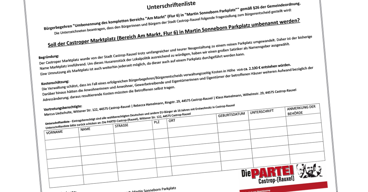 Bürgerbegehren: Umbenennung in „Martin Sonneborn Parkplatz“